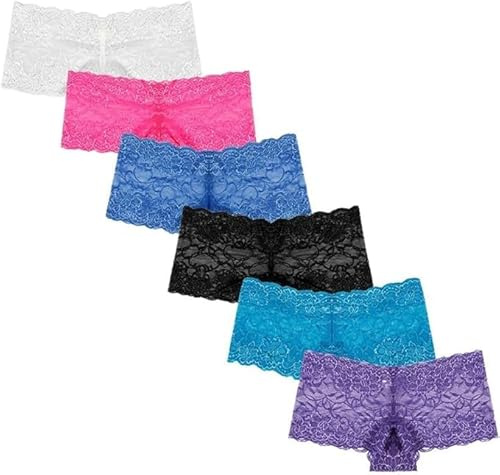 Yunzhou Boyshort Underwear for Women Floral Sexy Lace French Knickers Soft Stretchy Plus Size Lace Boyshort Panties (XXL (UK 14-16)) Multicolor