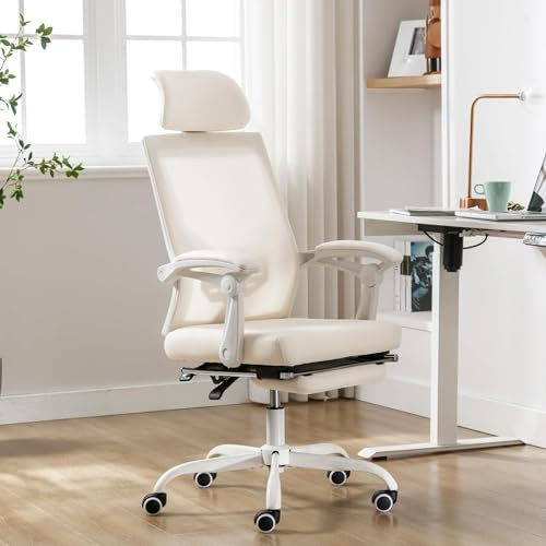 UEV Ergonomic Office Chair with Footrest, Adjustable Lumbar Support & Headrest, Back Support, Comfortable Desk Chair for Home & Office (Beige)