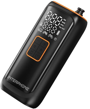 INTERPHONE Air Pump Mini Compressore Portatile, Compressore Aria Portatile e Ricaricabile Che gonfia gomme Auto, Moto e Bici, Gonfia Fino a 4 Pneumatici in 4 min a Gomma, Oltre 6 Mesi di Stand-by
