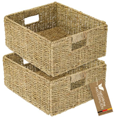 HMF Cesta de almacenamiento compatible con KALLAX medio compartimento, cesta trenzada de algas marinas con asas | set de 2 | 30 x 34 x 15 cm | Natural