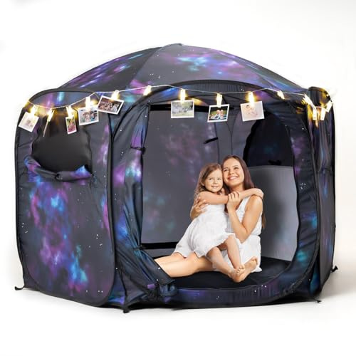 Porayhut Galaxy Pop Up Play Tent for Kids, 67 Hexagonal Privacy Sensory Tent with Removable Thick Mat & LED Photo Clip Lights, Light Blocking Indoor Outdoor Playhouse for Boys & Girls, Space Castle