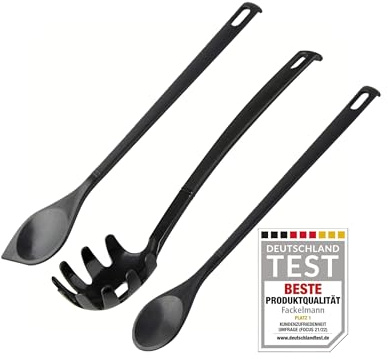 Fackelmann Nero Juego de utensilios de cocina, cuchara puntiaguda de 30 cm, cuchara redonda de 31 cm y cuchara para espaguetis de 30 cm, resistente al calor y apto para lavavajillas, para utensilios
