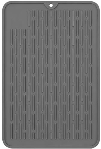 KIMHOME Alfombrilla de secado de platos de silicona para tapas de ollas, bandeja de goteo gris antideslizante resistente al calor, 30 x 20 cm, protector de encimera de cocina y tapete de drenaje para