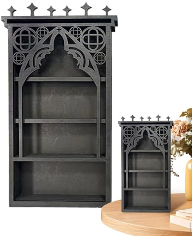 Estantería de madera en forma de luna, soporte de pared, vitrina para baratijas, organizador de dormitorio gótico, soporte para esmalte de uñas de piedra, diseño decorativo sol luna estrella, 20 x 40