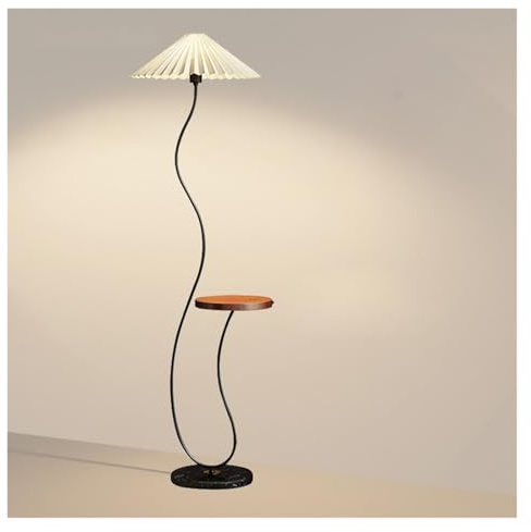kontor Modern guldbågsgolvlampa med hyllplan och veckad tygskärm i marmorfot från mitten av århundradet(Svart)