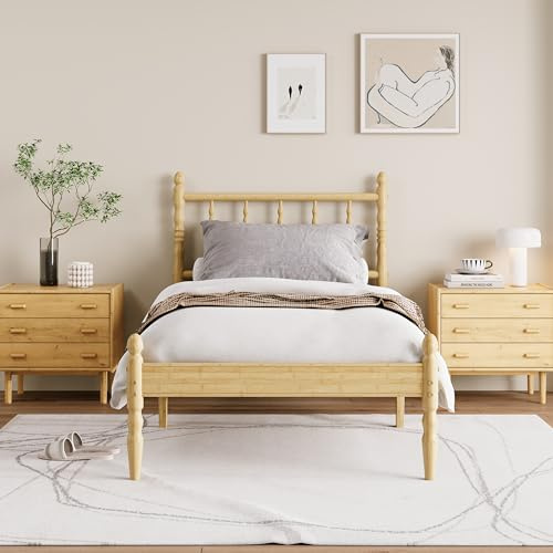 Neslime Twin Solid Wood Bed Frame with Headboard & Mattress Stopper, Bamboo Platform Bedframe No Box Spring Needed, Modern Heavy Duty Frame, Noise Free & Easy Assembly