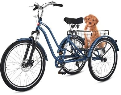 VIRIBUS Adult Tricycle with Front Suspension, 7 Speed Tricycle for Adults with Removable Wheeled Basket & Disc Brakes, 3 Wheel Bikes for Seniors Obese Men, Three Wheel Bicycle, 400 lb. 26 inch Blue
