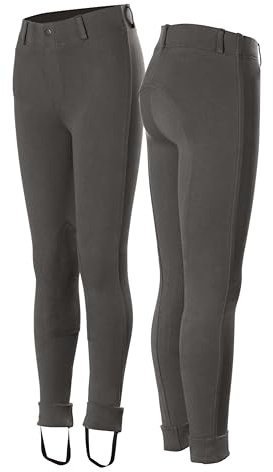 HORZE Nora Girls Riding Pants with Leather Knee Patch | Kids Equestrian Girls Jodhpurs Breeches | Size Chart in Images - Dark Grey - XXS