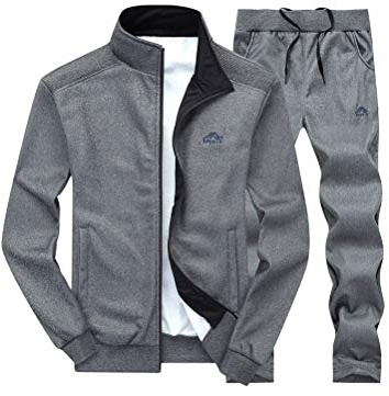 PASOK Tuta casual da uomo, a maniche lunghe, con cerniera intera, per corsa, jogging, atletica, Grigio scuro, Large