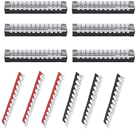 Ruidee 6 Set Morsettiera Distribuzione Elettrici Morsettiera a Striscia 600V 15A Strisce Pin Terminali a Vite a Doppia Fila+ Terminali Preisolati 400V 15A Barriere Ponticelli (TB1508)