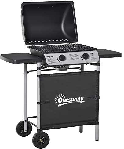 Outsunny Parrilla de gas portatil de 2 quemadores de gas propano para cocinar barbacoa de 5,6 kW con estantes laterales ruedas