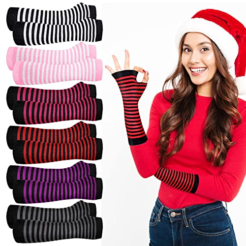 Sintege 6 Pairs Winter Striped Women Arm Warmers Long Fingerless Gloves Thumb Hole Stretchy Arm Warmers for Women