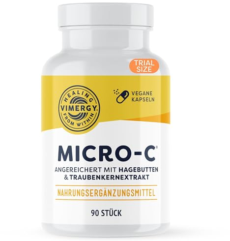 Vimergy Micro-C Vitamina C Cápsulas – 90 Dosis de Prueba – Vitamina C 500mg en Forma Menos Ácida – Escaramujo – Ayuda al Sistema Inmunológico y Musculoesquelético - Sin Gluten - Kosher - Vegano