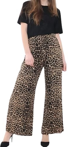 Prime fashions - Women Plain Flared Palazzo – Trousers - Wide Leg Flared Pants – Elasticated Waist – Casual Wear (12-14, Leopard Print)