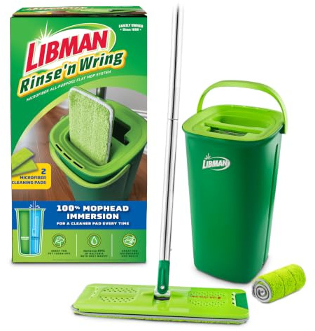 Libman Rinse 'n Wring Mop and Bucket System | Microfiber golvmopp | lövträgolvsrengörare | våt & torr mopp | Rengör och smutsiga vattenkammare | Squeegee Blade | 2 totalt mikrofiberkuddar