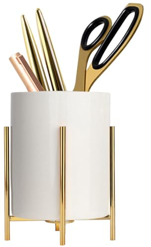 LOUIE SILNA Ceramic Pen Holder with Gold Metal Stand, Round Desk Organizer, Luxury Makeup Brush Holder & Stationery Storage Cup for Office, Home, Vanity, 12cm x 8.5cm, Medium