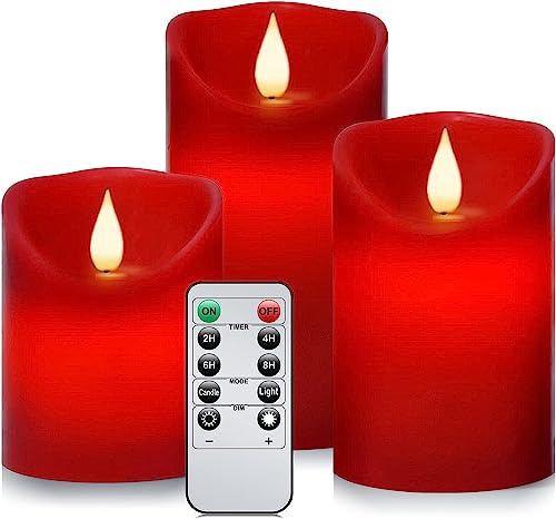 Tappovaly LED Candles, Flameless Battery Operated Candles. Flashing Candle with Remote Control and Timer. Set of 3 Real Wax, Used for Home Decoration and Holiday Parties (3PACK, Red)