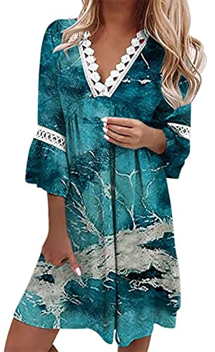 QWUVEDS Femmes Robes d'été pour 2022 Style Ethnique Robe Dentelle Garniture col en V Robe Trois Quarts Manches balançoire Robe bohème Mini Robe Robe pour Ronde