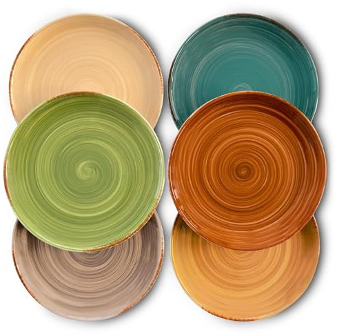 MORA Ceramic Helix Swirl Salad Plates Set of 6, 8in Spiral Porcelain Dish for Kitchen, Small Dinner, Lunch, Appetizer, Dessert, etc - Dishwasher, Microwave, Freezer, Oven Safe Dishware - Earth Colors