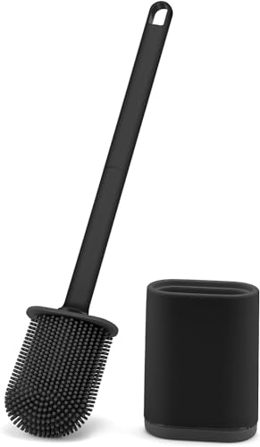 Feelhap Escobilla de Baño Silicona,Escobilla WC con Secado Rápido Soporte Ventilado,Escobilla Baño Silicona Escobilla y Portaescobillas de Inodoro de Montaje en Suelo o Montaje en Pared, Negro (Negro)