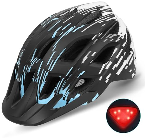 Bike Helmet, Lightweight Bicycle Helmets with Tail Light & Detachable Visor, 21 Vents Cycling Helmet for Adults, Mountain & Road Cycle Helmet for Men Women Adjustable Size 57-61cm (Black+Blue)