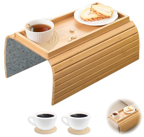 SHILIPAIJC Bandeja de Brazo para Sofá con Alfombrillas para Tazas, Mesa de Brazo de Sofá Plegable, Madera Antideslizante para Aperitivos, Mando, Tazas