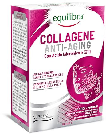 Equilibra, Collagene Anti-Aging, Collagene Idrolizzato VERISOL®, 14 Stick Monodose, 5000 mg Collagene per Dose, con Acido Ialuronico, Coenzima Q10, Migliora l'Aspetto della Pelle, Riduce le Rughe