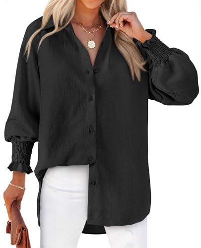 Womens Black Button Down Shirt 2026 Fall Trendy Boyfriend French Collar Blouse Wrinkle Free V-Neck Flowy Office Dress Shirt Work Business Chiffon Tunic Tops Lightweight Plus Size Tops Cute Beach