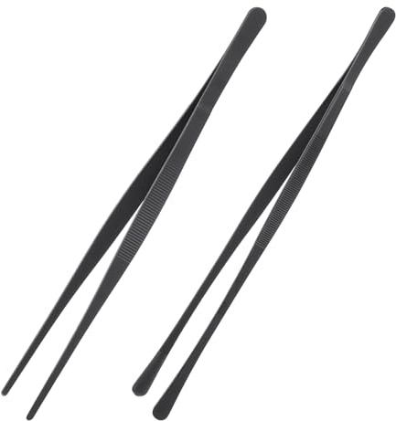 uxcell 2Pcs Kitchen Tweezers Stainless Steel, 12 Inch Food Tongs Fine Cooking Tweezers Set Extra-Long Tweezer Tongs for Cooking Grill Baking BBQ, Black Straight Clip