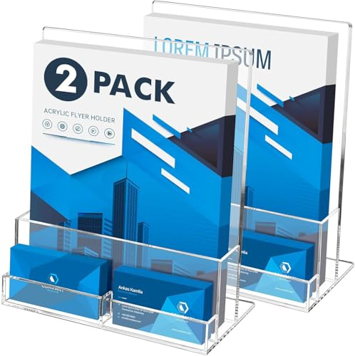 Rarapop Lot de 2 porte-brochures A4 en acrylique transparent - Avec porte-cartes de visite intégré - Idéal pour menus, magazines, brochures, livrets et documents (A4)