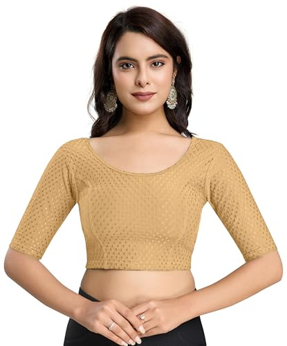 TRENDMALLS Women's Dobby Pure Cotton Elastin Stretchable Readymade Blouse (B01-Beige-M)