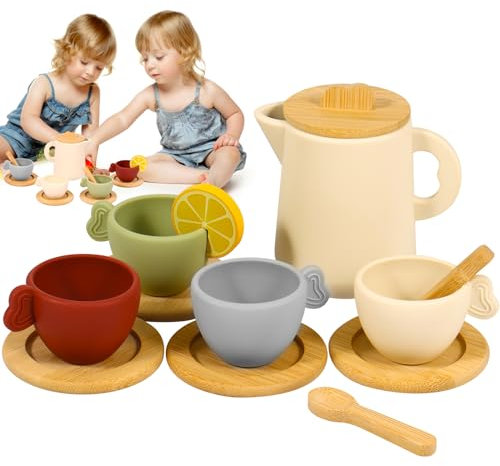 14Pcs Wooden Afternoon Tea Set for Toddler Children Role Play Tea Party Set Interactive Toy with Teapot, Milk Jug, Cups and Saucers Early Education Toys for Kids Girls Birthday Gift(Set B)