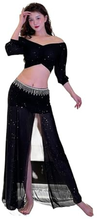 JTKSSCS Costume Danse Orientale Ensemble Haut sans Bretelles et Jupe de Danse du Ventre for Adultes, vêtements d'entraînement for Femmes, Costume de Danse for débutants, Cours de Performance(Black,S)