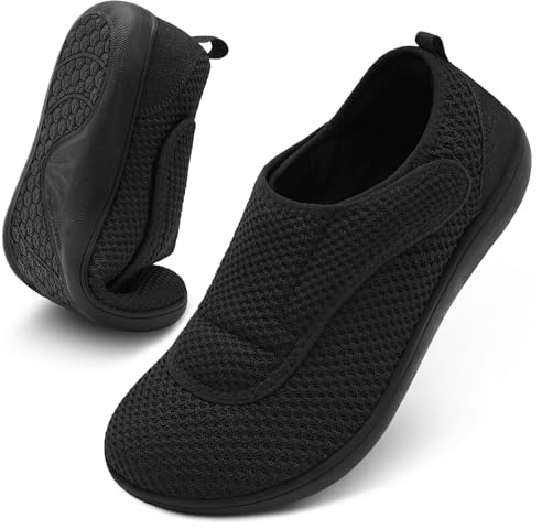 Scurtain Walking Shoes for Men Wide Toe Adjustable Diabetic Swollen Feet Neuropathy Orthopedic Bunion Comfort Shoes Breathable Summer Barefoot Zero Drop Non Slip Slippers Size 8.5 Black
