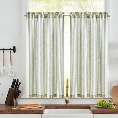 TOPICK Kitchen Curtains, Half Window Cafe Curtains, Green Stripe, W36xL45 | 2 Panels Linen Look Rod Pocket Light Filtering Curtains for Bedroom, Living Room, Cupboard Base, Sink