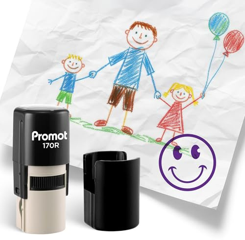 Promot - Self-Inking Stamps for Teachers, Round Rubber Stamp for Grading & Feedback, Quick-Dry Ink Stamps, Clear Imprint, Refillable Classroom Stamp & No-Mess Design (Smiley Purple)