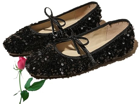 POIOZXD Mary Jane - Ballerine da donna con punta quadrata e fiocco, morbide e comode, con cinturino alla caviglia, Paillettes nere, 38.5 EU