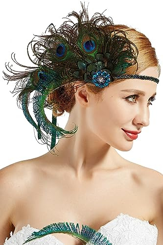 BABEYOND 1920s Headpiece Vintage 1920s Flapper Headband Peacock Feather Crystal Beaded Headband Great Gatsby Costume Accessories Roaring 20's Accessories (Peacock)(Size: One Size)