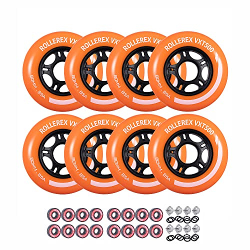 Rollerex VXT500 Inline Skate Wheels – 8-Pack with Bearings, Spacers and Washers - Durable Replacement Roller Blade Wheels for Indoor & Outdoor Skating (80mm, Sunrise Orange)