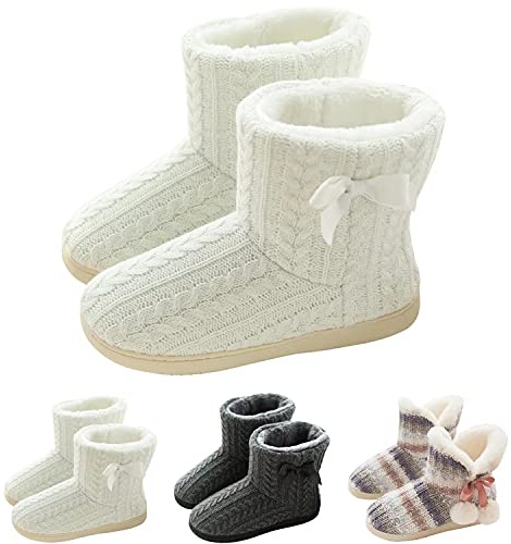 GURGER Hausstiefel Damen Plüsch Hausschuhe Hohe Hüttenschuhe Gefüttert Warm Winter Pantoffeln Strick Slipper Feste Sohle für Frauen Weiß Gr. 39 40