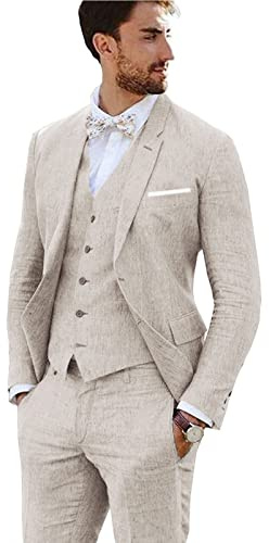 Furuyal Linen Suit 3 Pieces Vintage Retro Wedding Prom Suits Slim Fit Jacket Blazer Groom Tuxedos Beige-XL