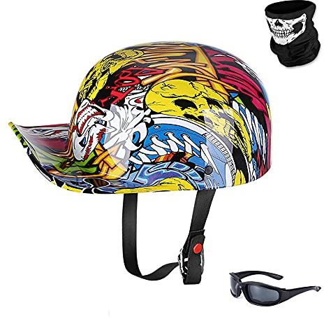 Woljay Jahrgang Jethelm Motorradhelm Retro Baseball Kappe Halbhelm Männer Frauen für Kreuzer Straße Roller Moped mit Maske Gläser - DOT Certified (Painting,XL)