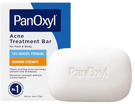 PanOxyl Acne Treatment Bar with 10% Benzoyl Peroxide, Maximum Strength Bar Soap for Face, Chest and Back, Benzoyl Peroxide Soap Body Wash, Vegan, For Acne Prone Skin, 4 oz