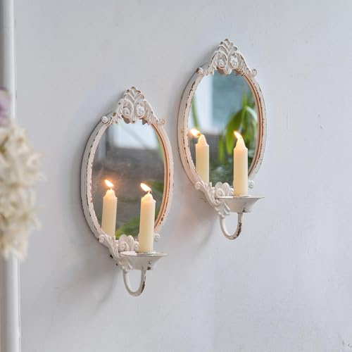 SOFE Rustic White Mirrored Wall Candle Sconces Set of Two, Metal Vintage Wall Candle Holder, Handmade Taper Candle Sconce, Candle Stick Walls Sconce for Living Room, Farm House Home Decor