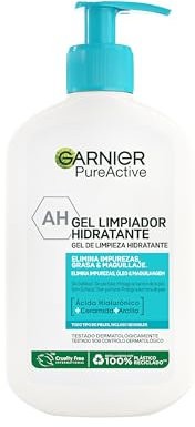 Garnier Skin Active, Pure Active Gel limpiador purificante suave, con Niacinamida, Acido Salicilico, Arcilla y Ceramida, elimina impuresas y protege la barrera cutanea
