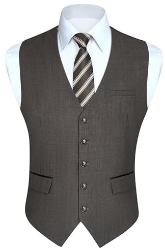 HISDERN Men's Brown Västs Elegant Bröllop Väst Enfärgad Classic Affär Fest Tuxedo Suit Vest med Fickor Normal Passform L
