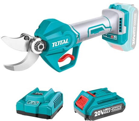 TOTAL - Set de Tijeras de Podar Eléctricas Profesionales - Motor Brushless - Corte hasta 30mm - Incluye Batería de Litio 20V 2Ah y Cargador Rápido - Ideal para Jardinería