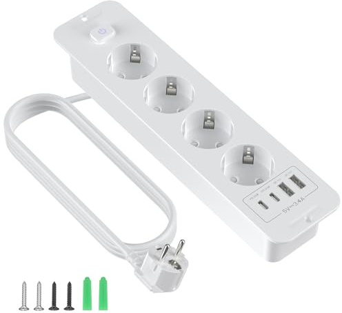 Inbyggt uttag med usb, bordsuttag med 4 uttag, usb-A och usb-C, nedsänkt 8-i-1-trippeluttag för bordsskiva med 2 m förlängningssladd, inbyggt grenuttag för kontor och hem (vitt)
