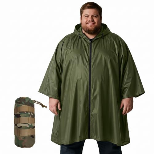 Nomadnia Poncho de lluvia para adultos de talla grande con capucha y cremallera, poncho para Lluvia, poncho táctico para adultos para camping, senderismo, Verde oscuro, XL/3XL