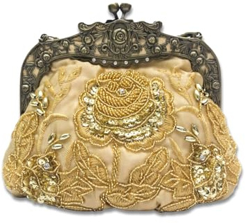 CORIOS Vintage 1920s Cuentas Bolsa de Noche Clutch con Floral para Mujer Embrague de Lentejuelas Bolso de Boda Bolsos de Fiesta Elegante Bolso de Hombro para Fiesta de Graduación Banquete Dorado